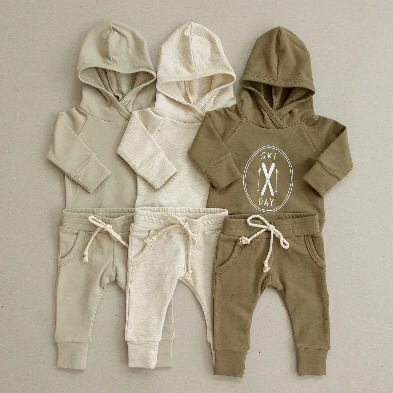 

European and American Spring and Autumn Baby Boys' Solid Hooded Sweater Pants Set Two Piece Outwear Set