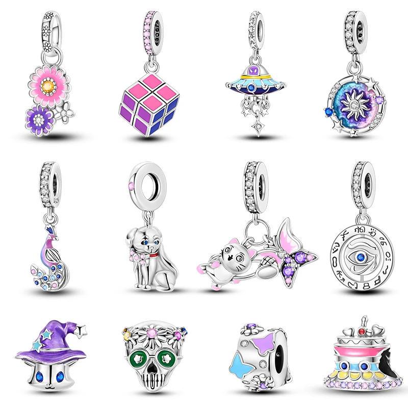 

100% 925 Sterling Silver Colorful Rubik's Cube Butterfly Cat Peacock Daisy Charm Beads Fit Pandora Original Bracelet DIY Jewelry