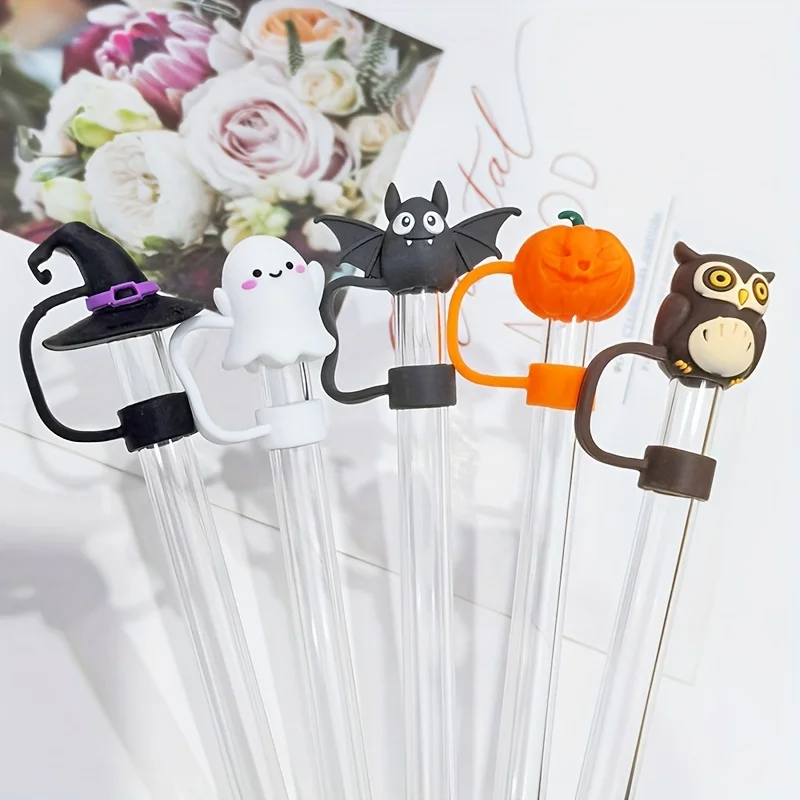 Halloween themed silicone straw cap-reusable, dust cover suitable for 10mm straw, ghost, bat, pumpkin, and wizard hat patterns
