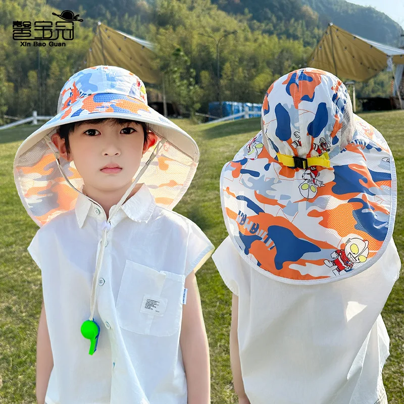 Kids Bucket Hat with Whistle Outdoor Cute UV Protection Beach Cap Boy Girl Summer Hat Breathable UV Protection 3