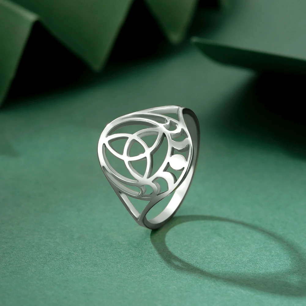 Dawapara Triquetra Trinity Knot Ring Celtics Knot Mondphase Mondsymbol Geometrischer Ausschnitt Edelstahl Wicca Fingerring – Detail 13