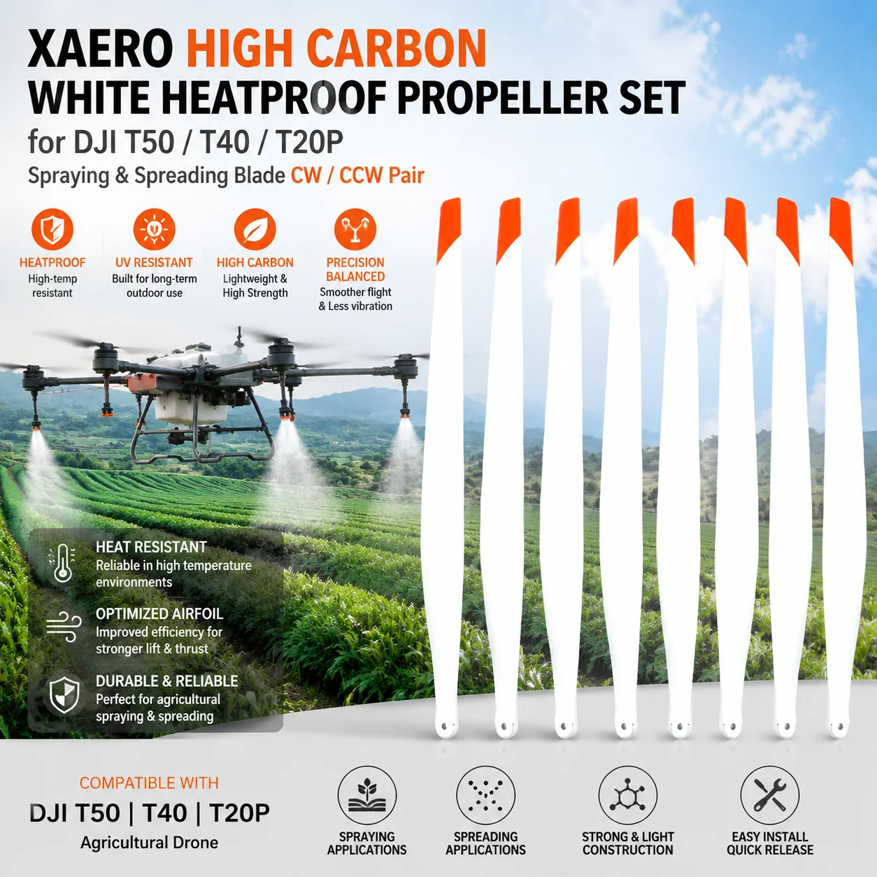 XAERO Hochkarbon-Propellerset in Weiß, hitzebeständig, für DJI T50 T40 T20P, UV-beständig, Sprüh- und Streuklingen CW CCW