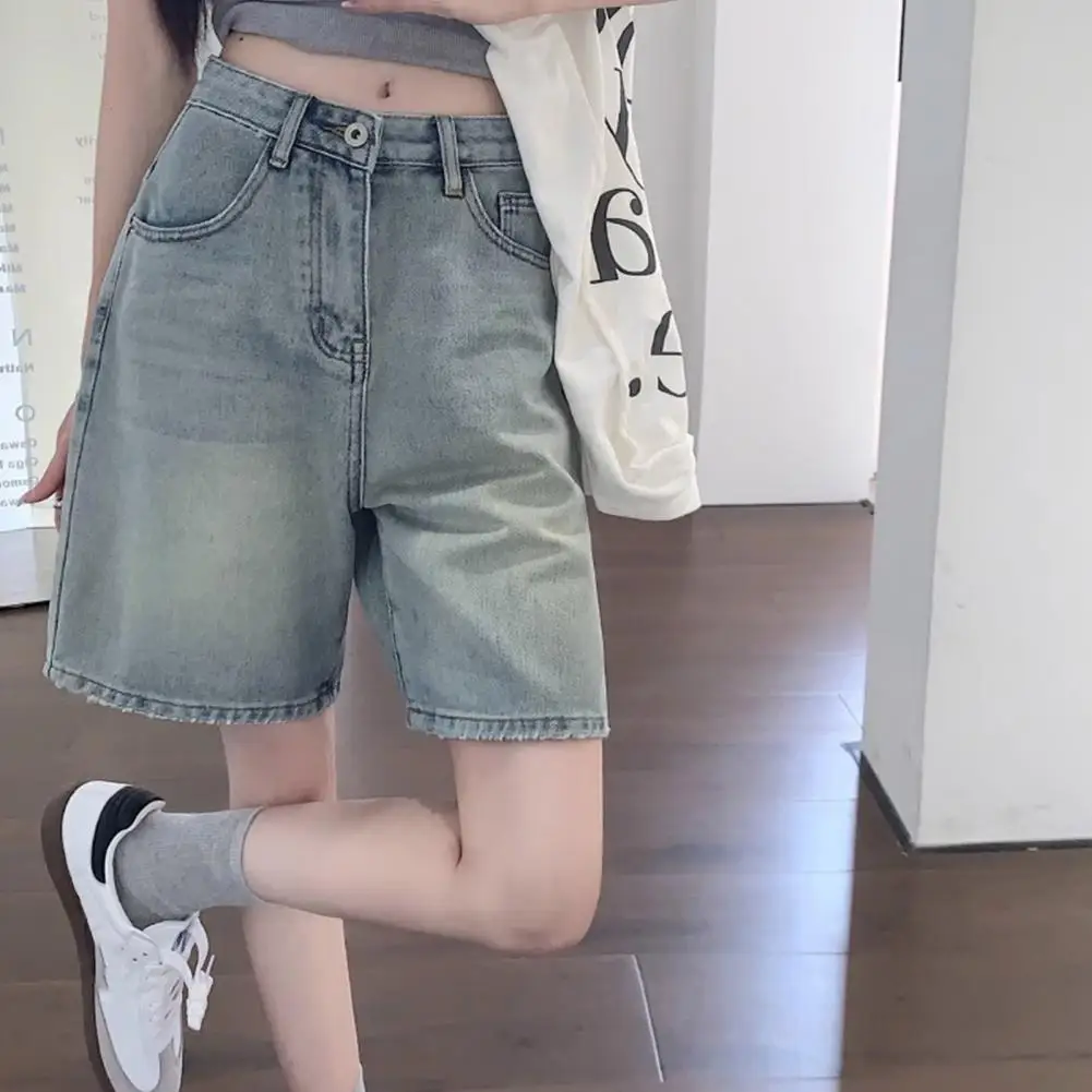 

Denim Pants with Side Pockets Vintage High Waist Denim Shorts for Women Wide Leg Streetwear Jeans with Button Closure Zipper