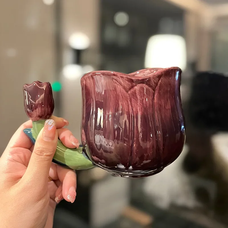 

2023 New Purple Tulip Handle Ceramic Water Cup, High Beauty Gift, Mug
