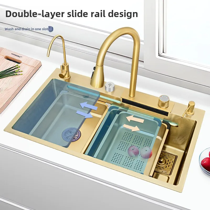 304 Stainless Steel Kitchen Sink with Nano Scratch-Resistant Gold Color Waterfall Rain Shower Large Single Sink Vegetable