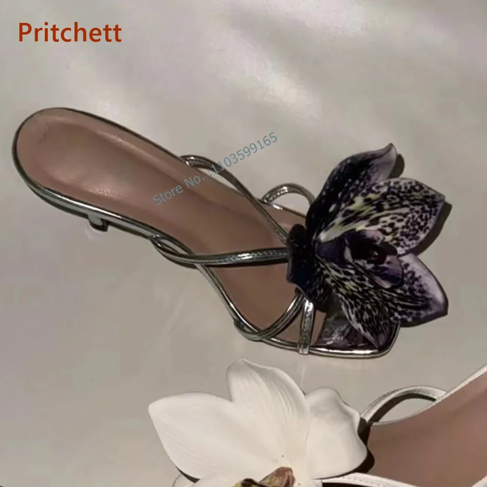 Flower Kitten Heels Slippers Square Toe Slingback Slip On Twist Stiletto Shoes Mixed Color Summer Lovely Vocation Party Shoes