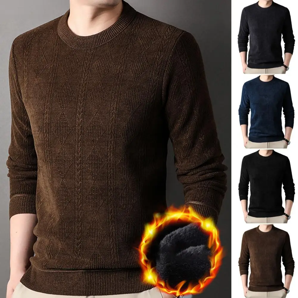 Men Long Sleeve Sweater Cozy O-neck Sweater with Plush Lining for Teenagers Men's Versatile Knitted Pullover Tops for Autumn