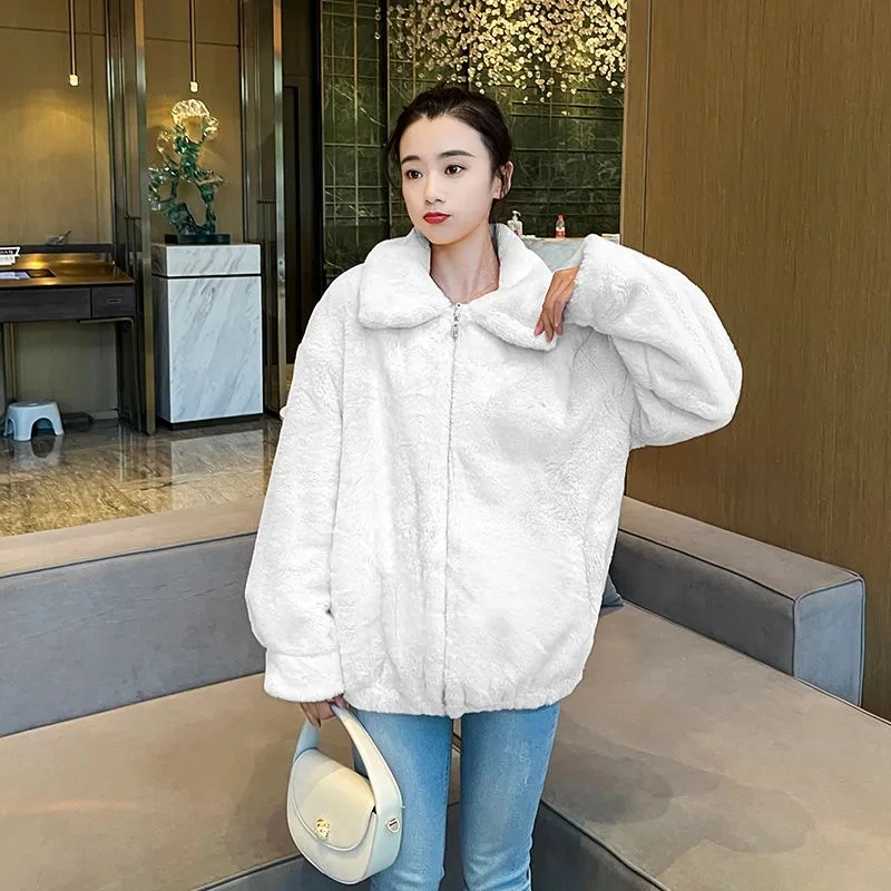 Fluffy Autumn Winter Faux Fur Jackets Women Turn Down Collar Loose Coats Korean Fashion Clothing Women\'s Fur Outerwears