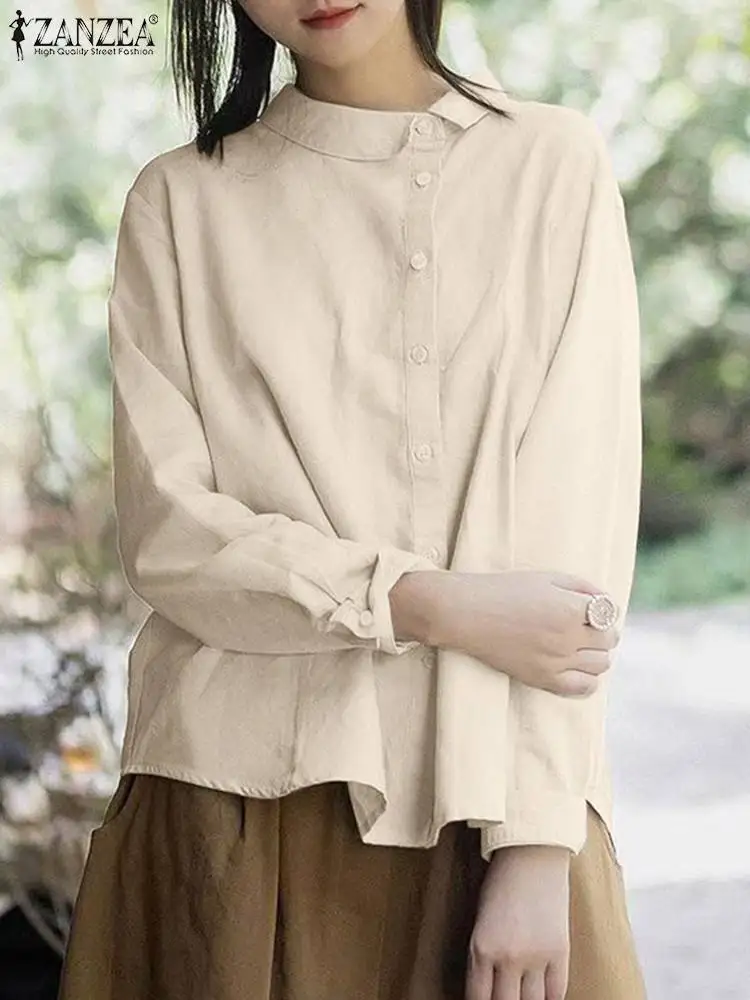 

ZANZEA 2024 Spring Solid Long Sleeve Blouse Women Elegant Lapel Shirt Casual Loose Tunic Fashion Diagonal Placket Buttons Tops