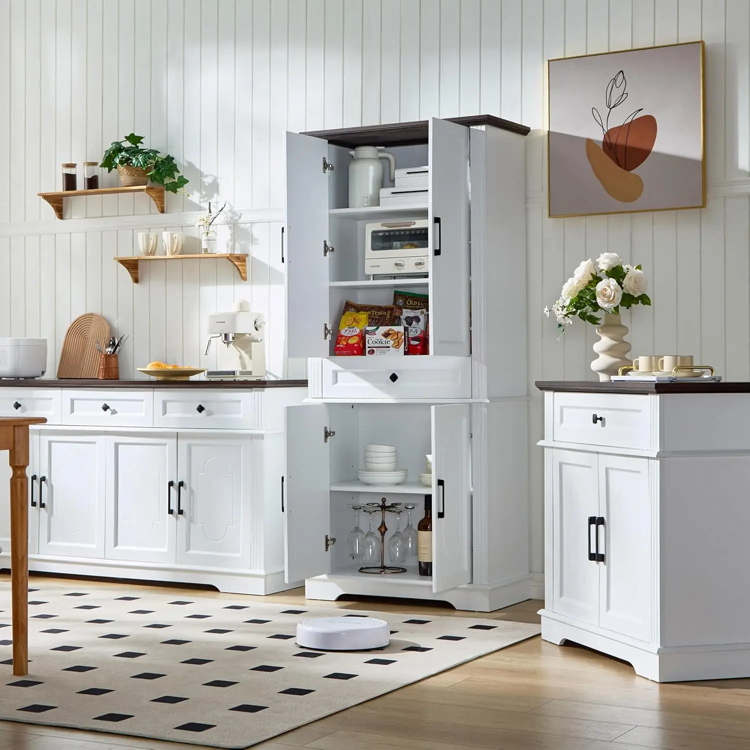 White Farmhouse Storage Cabinet with 2 Doors and 1 Drawer, Adjustable Shelf, Freestanding Kitchen Pantry Cabinet,, Customized 2