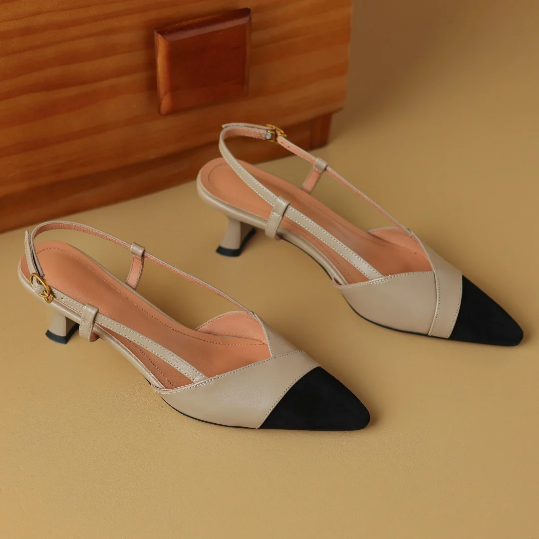 Women's genuine leather mix color patchwork pointed toe slingback pumps elegant ladies kitten heel daily dress sandals shoes hot