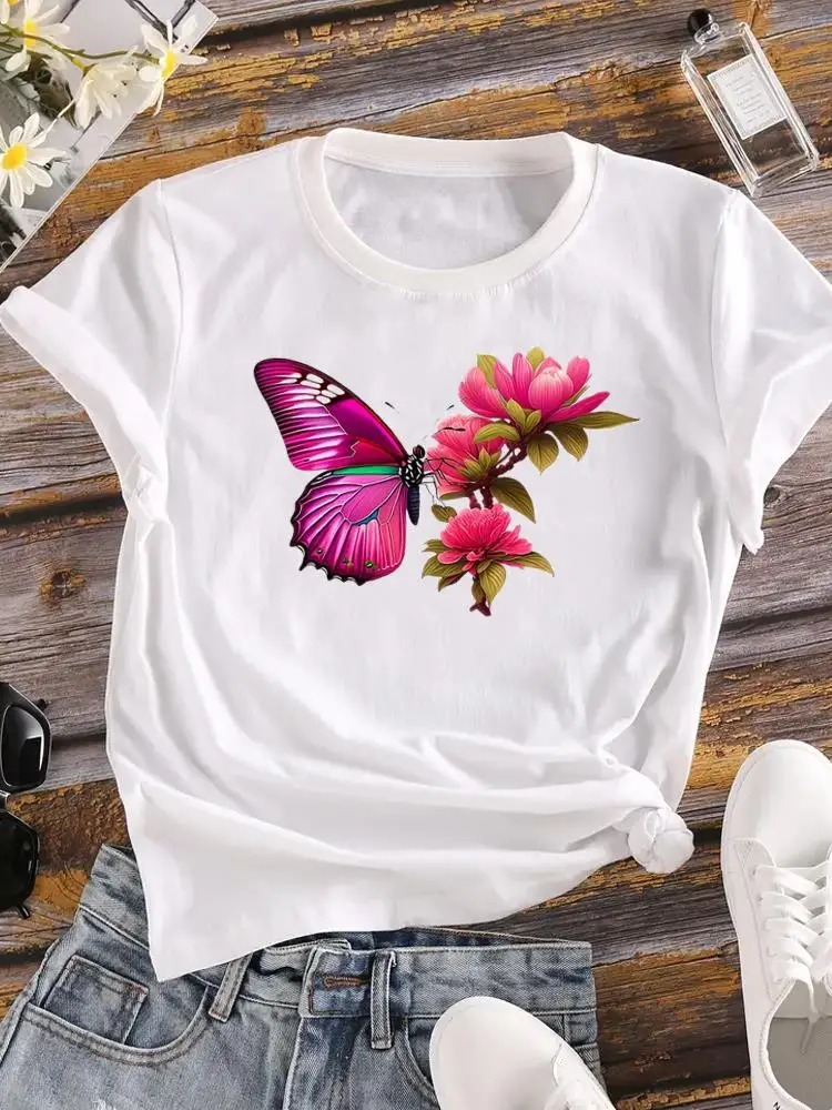 

Butterfly Flower Sweet Lovely Cute Fashion O-neck T Shirt Graphic T-shirts Print Short Sleeve Clothing Tee Top Women Clothes