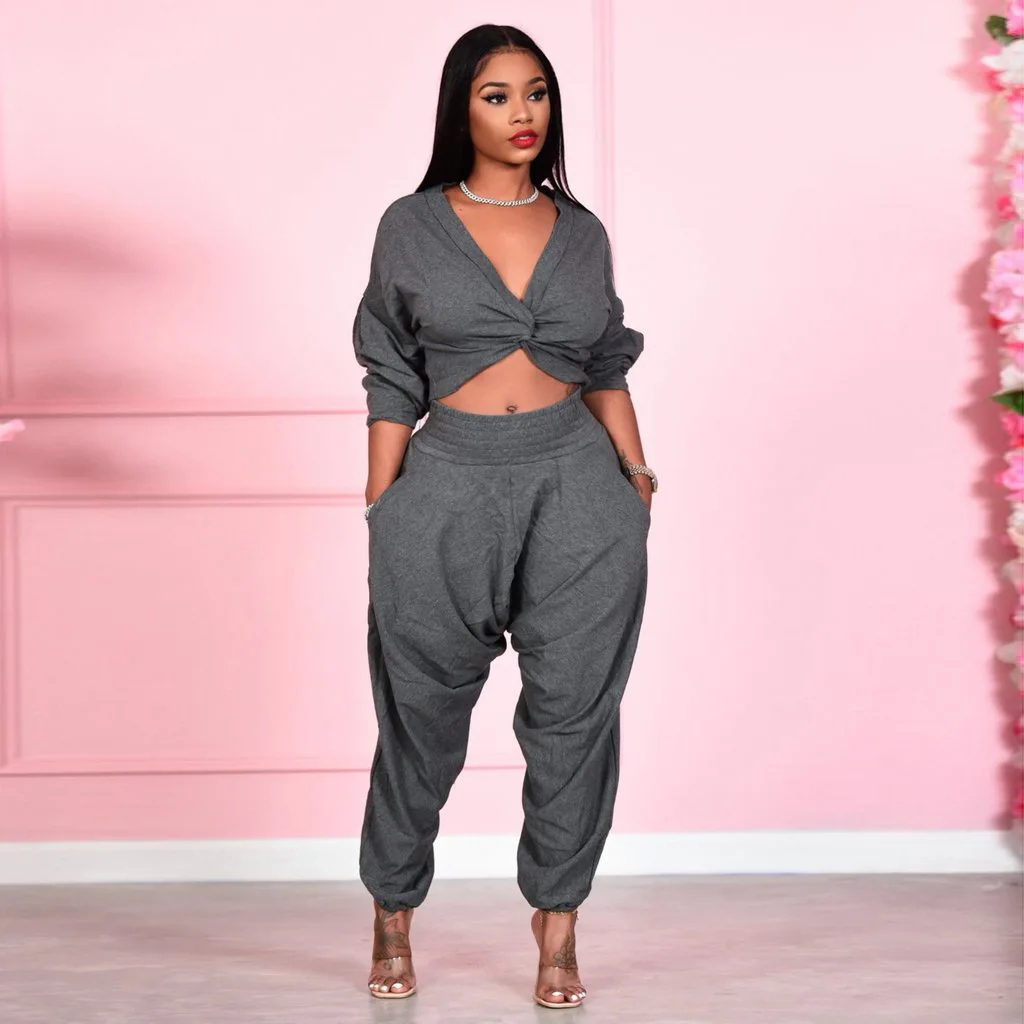 Casual Two Piece Sets Women Outfit Sexy V Neck Long Sleeves Crop Top Suit Autumn KnIt Solid High-waist Pleated Harem Pant Sets new pleated skirt sets women shirt sleeves print slim top matching a line skirts female fashion clothing summer