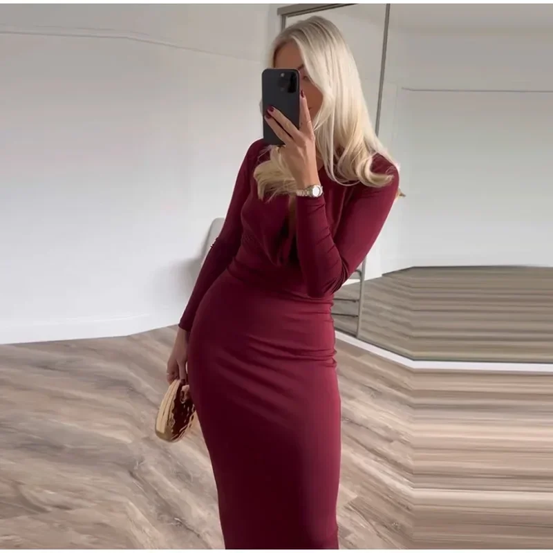 Elegant Hang Neck Burgundy Long Party Dress Women Halter Full Sleeve Maxi Dresses Autumn Lady Slim Hip Package Gowns New