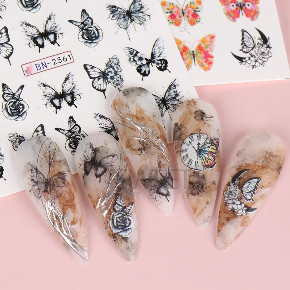 12 Design Floral Nail Art Stickers Water Decals Transfer Butterfly Flower Leaf Rose Design Sliders  Charm Manicure Decals Tattoo