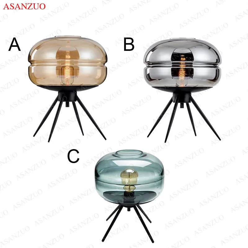 현대 거실 파란색 유리 테이블 램프 크리 에이 티브 아트 하드웨어 선반 E27 책상 램프 침실 장식 램프