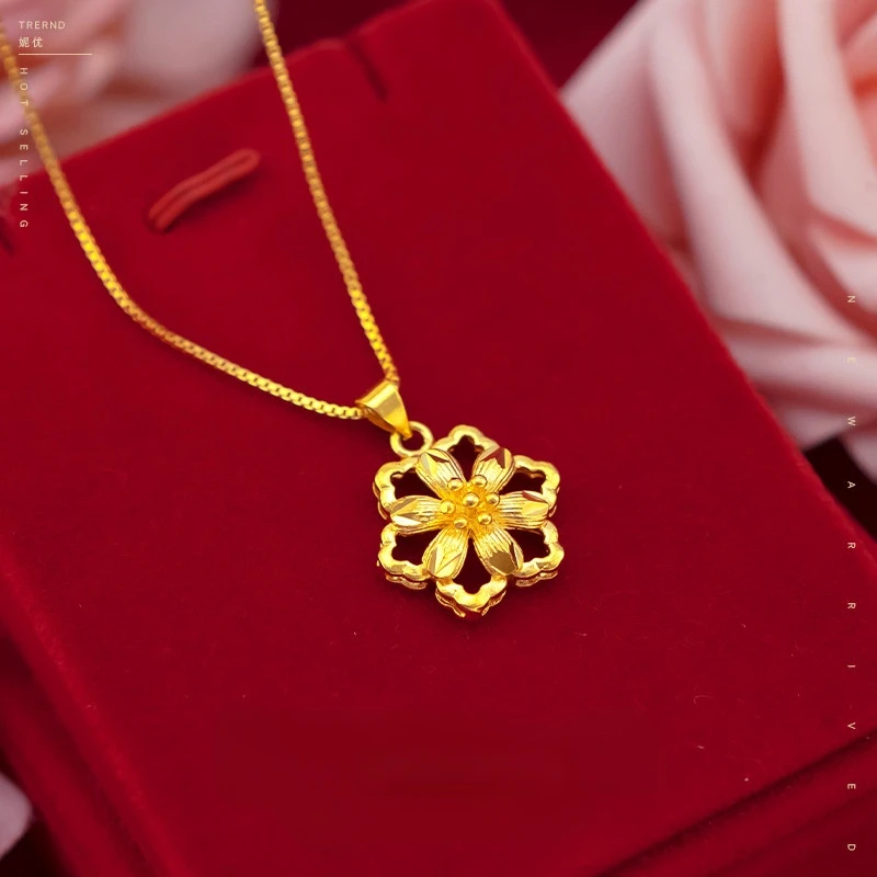 Flower Shape 24k Yellow Gold Plated Pendant Necklace for Women Clavicle Chain Necklace Wedding Valentine's Day Fine Jewelry Gift