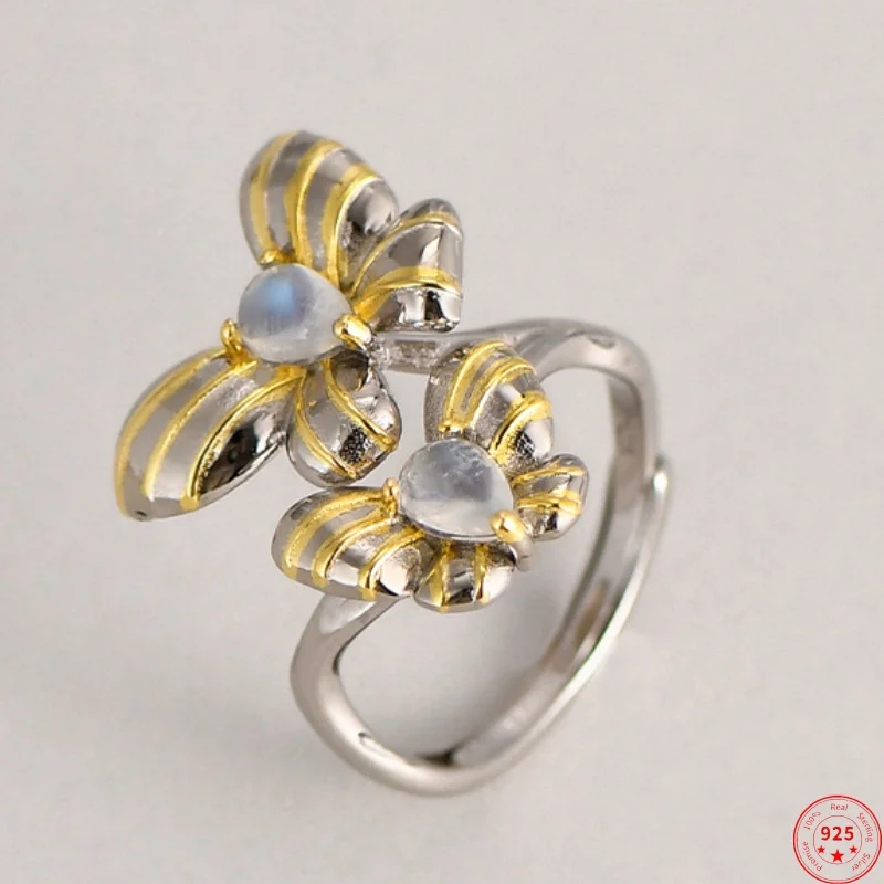 

S925 Sterling Silver Rings for Women New Fashion Contrast Colored Flowers Inlaid Moonstone Simple Punk Jewelry Free Shipping