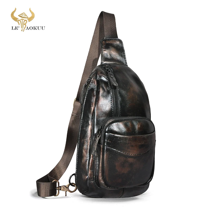 

Natural Real Leather Coffee Vintage Travel Sling Chest Bag Pack For Men One Shoulder Crossbody Bag Daypack For Male 8012