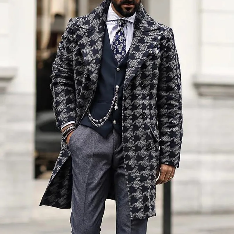 Men Retro Plaid Casual Suit Coat Lapel Double Breasted Loose Comfortable Mid Length Casual Fashion Slim Versatile Wind Coat