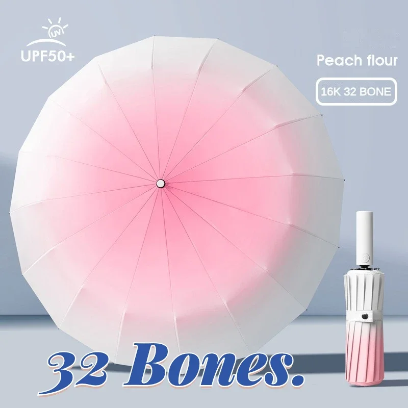 32 Bone Automatic Gradient Color 3 Fold Umbrella Windproof Waterproof Sunshade Sun UV Protection For Men Women
