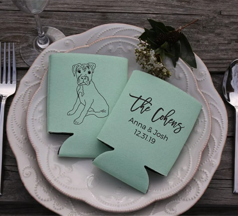 

Custom Illustrate Your Pet Can Coolers, Pet Portrait Wedding Favor, Personalized Wedding Can Cooler, Beverage Holder