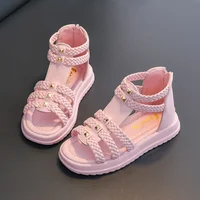 Summer Sandals for Girls 2023 New Versatile Solid Color Korean Style PU Soft Non-slip Flat Casual Weave Roman Shoes for Princess 2