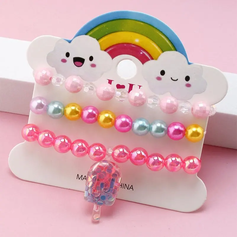 Cute children's cartoon bracelets 3pcs/set princess beads unicorn fruit cat girls jewelry charm gifts