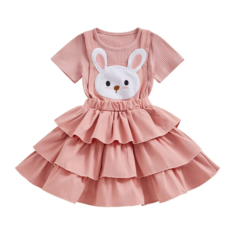 

Toddler Baby Girl Easter Outfit Rabbit Dress Short Sleeve Shirt Ruffle Bunny Skirt Set Kids Summer Clothes 18M-6Y