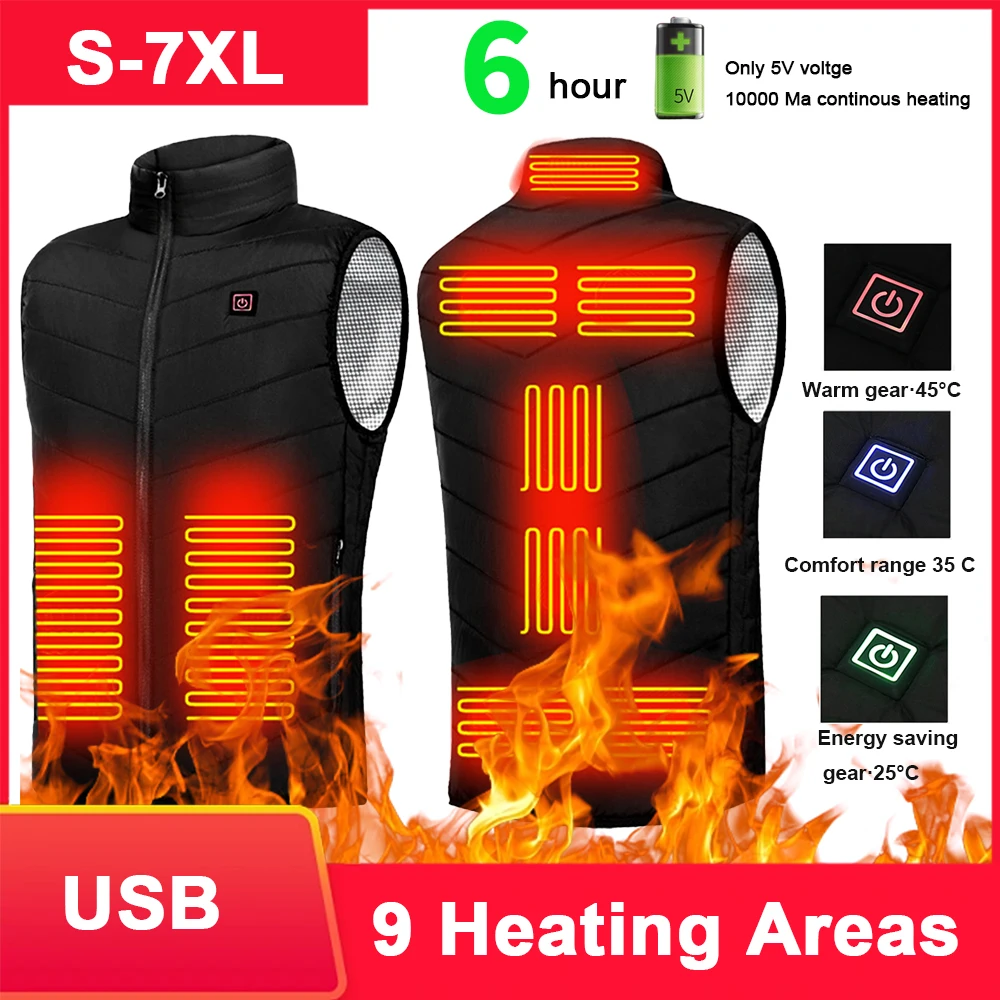Unisex Electric Heated Vest 9 Heating Areas Graphene Smart Heating Jackets Washable Lightweight with Zip USB Camping Outdoor heated jacket