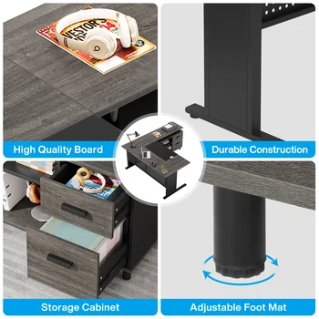 Tribesigns 63 Inch Executive Desk with File Cabinet, Large Office Desk L Shaped Computer Desk with Drawers and Storage Shelves 4