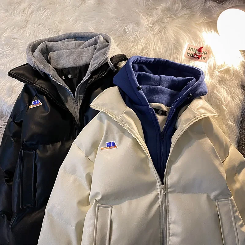 Fake Two Pieces of Cotton Jacket Men's Winter Korean Version Loose PU Leather Hooded Cotton Jacket Trendy Brand Handsome