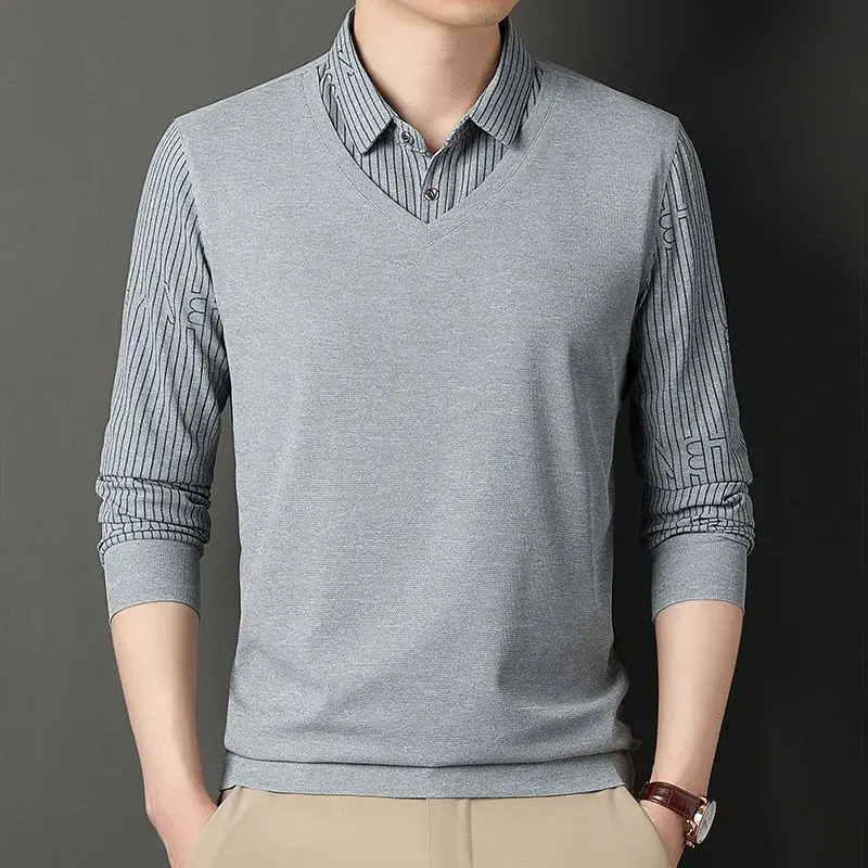 2023 Spring Autumn New Solid Color Turn-down Collar Shirt Man Button Long Sleeve Fake Two Pieces Pullovers Men Thin Style Tops
