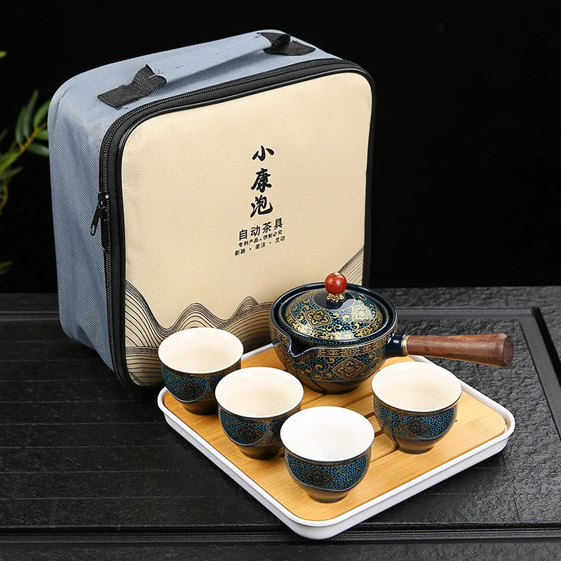 Chinese Porcelain Gongfu Tea Set Portable Teapot Set with 360 Rotation Tea Maker and Infuser Portable All in One Gift Bag