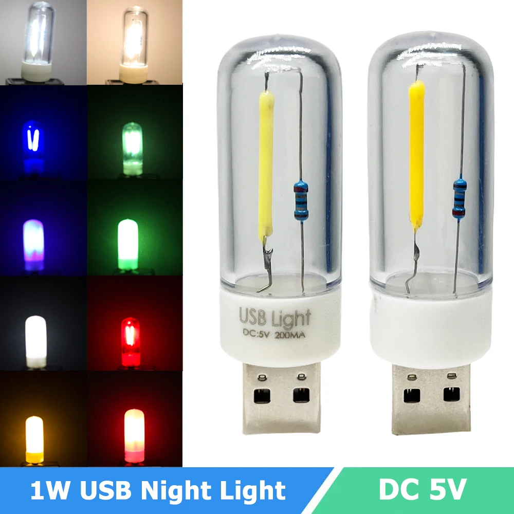

M​ulticolor 5V USB LED Night Light Portable 1W LED Filament Bulb Blue/Red/Yellow/Green/White LED Desk Lamp for Bedroom Study