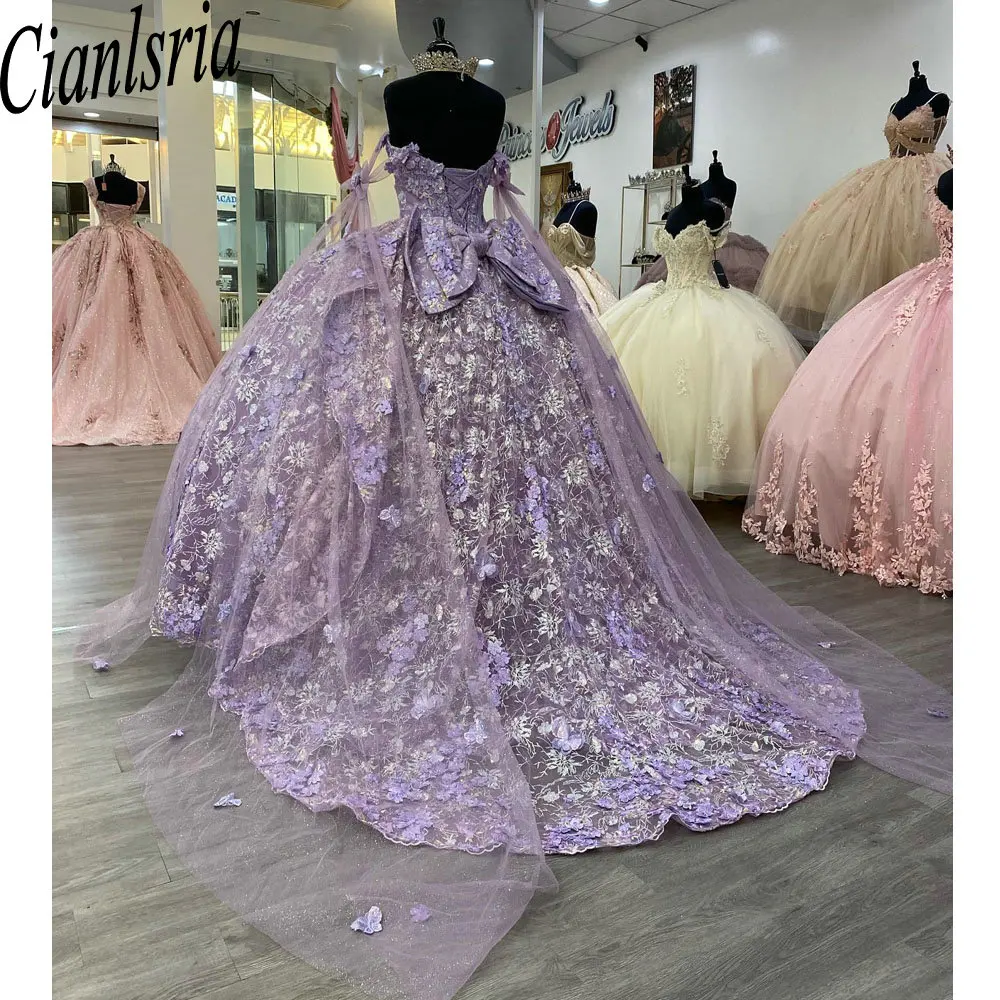 

Lilac Glitter Crystal Sequined Ribbons Ball Gown Quinceanera Dresses Off The Shoulder Appliques Lace Corset Vestido De 15 Anos