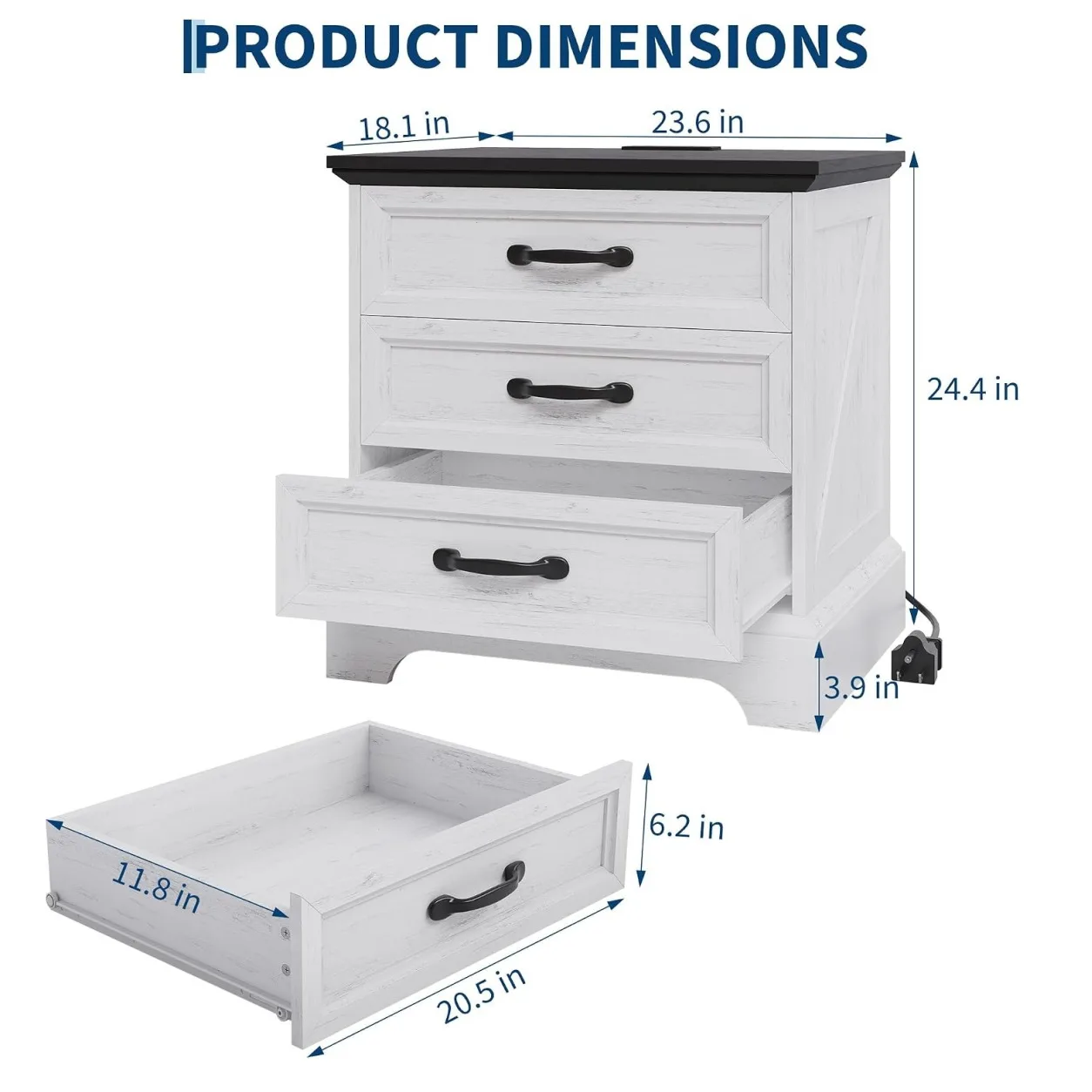 Farmhouse Nightstand with Charging Station 3 Drawer White Bedside Table with 2 AC Outlets and 2 USB Ports Storage Cabinet End Table for Bedroom Living Room Small Space 7 Farmhouse Nightstand with Charging Station 3 Drawer White Bedside Table with 2 AC Outlets and 2 USB Ports Storage Cabinet End Table for Bedroom Living Room Small Space 7