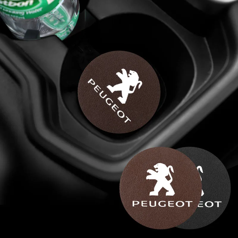 2Pcs PU Leather Car Cup Mat Auto Emblem Coaster Accessories For Peugeot 307 206 106 508 208 407 301 207 107 406 308 607 205 408