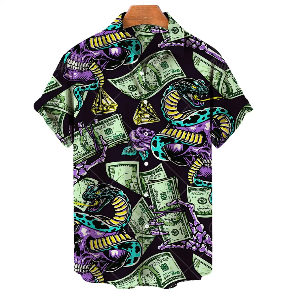 2022 New Hawaiian Shirt Summer Personality 3D Digital Printed Big Gold Chain Short-sleeved-shirt Men's Beach Shirts Men Clothing