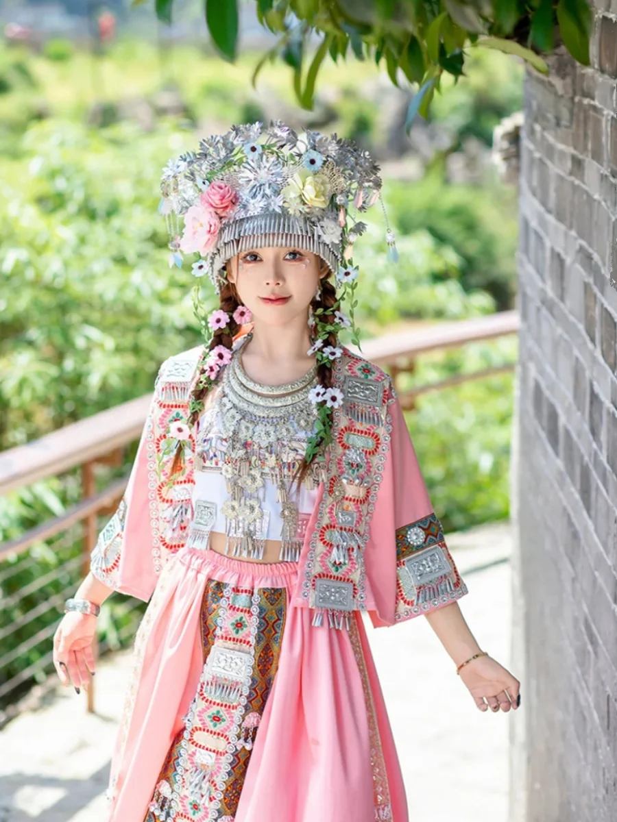 Chinese Traditional Pink Girl Miao Minority Costume Dance Yunnan Guizhou Hmong Village Travel Photography