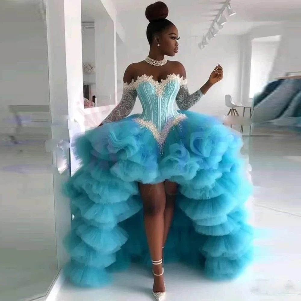 Blue Off The Shoulder Prom Dresses Lace And Tiered Tulle High Low Evening  Gowns | eBay