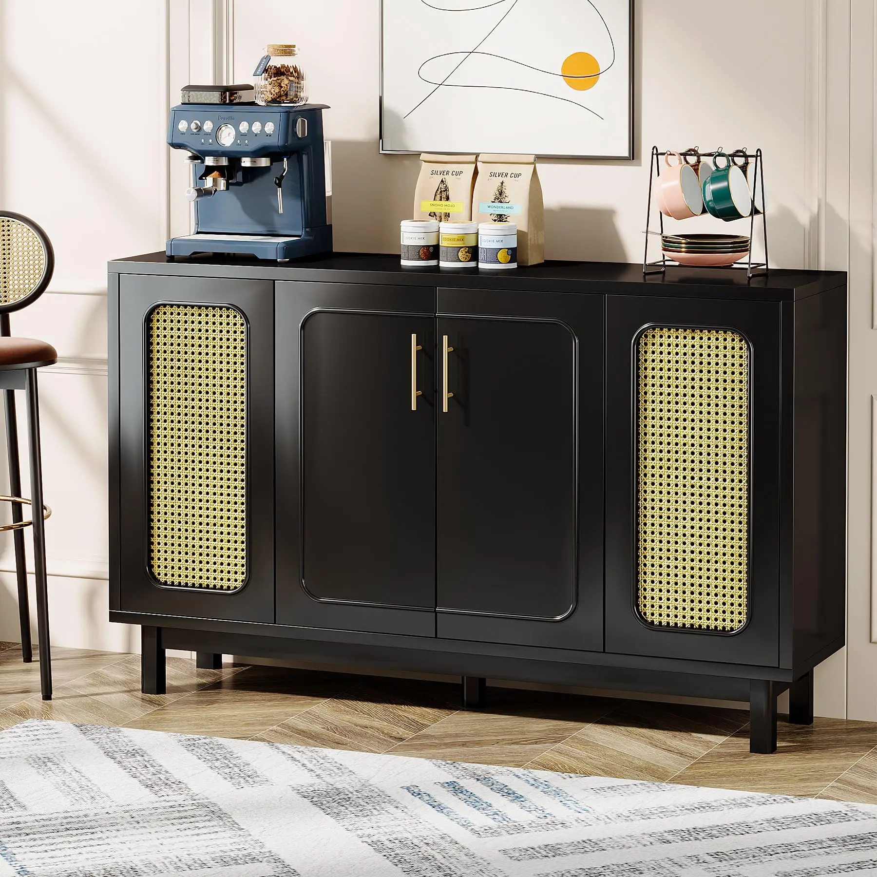 Tribesigns Black Sideboard Buffet Cabinet, 55" Modern Rattan Sideboard Cabinet with 10 Storage Compartments, Coffee Bar Accent S