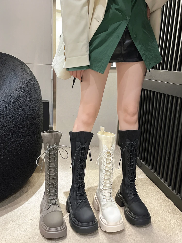 

Женские ботинки, осенне-зимняя обувь, женская обувь, привлекательные высокие сапоги до бедра на высоком каблуке, женские ботфорты со шнуровкой и круглым носком, 2023