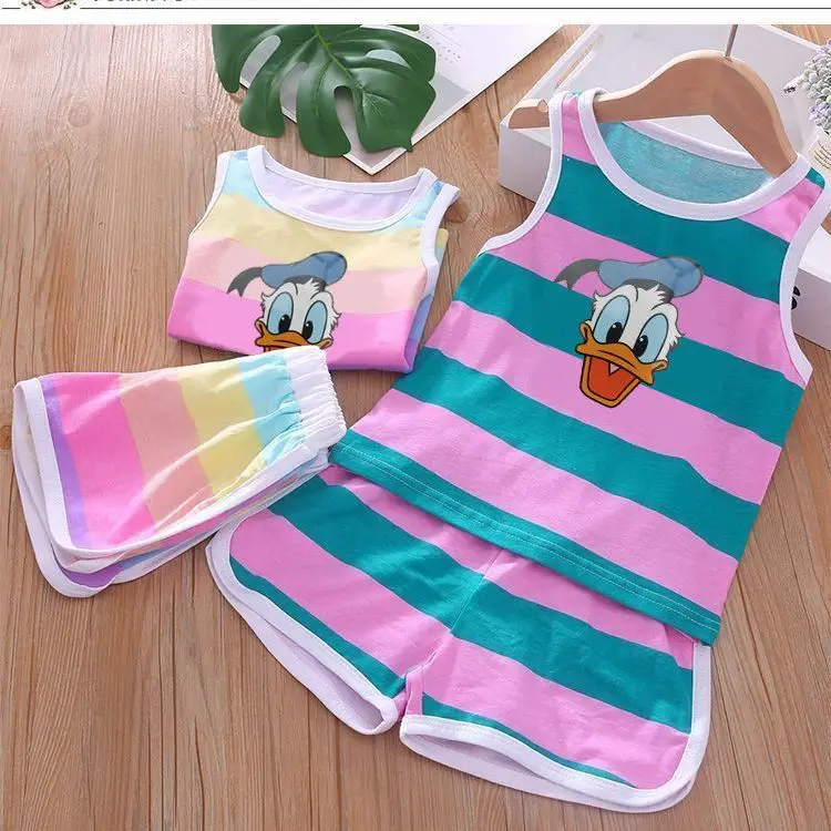 

Summer Children's Set New Cartoon Print Rainbow Stripe Tank Top Baby Kids' Set Casual Sports Two Piece Set