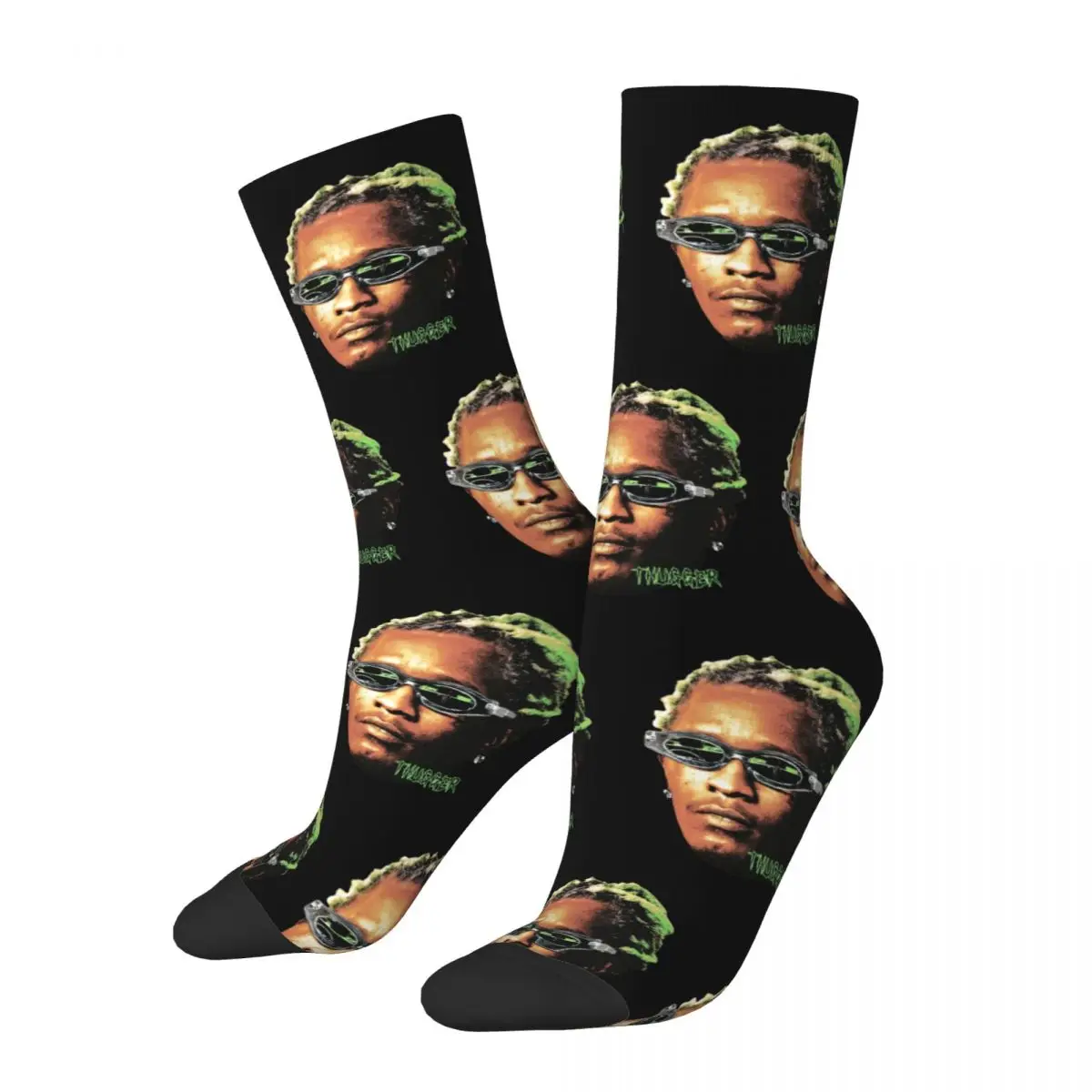 

Green YoungThug Rapper Vintage Hip-hop Head Merch Men Women Socks Non-slip Skateboard Middle Length Socks Cute Small Gifts