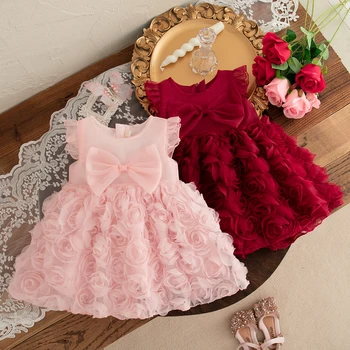 Abito elegante da bambino Abito da principessa in rete con fiori di rosa Abito da tutù per bambini con fiocco grande per bambini