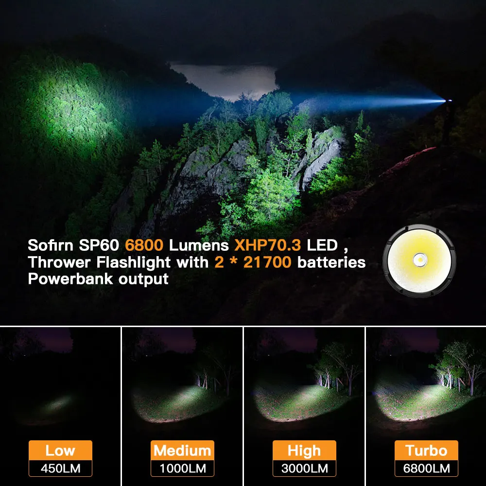 Sofirn SP60 6800lm XHP70.3 HI 21700 강력한 LED 조명 유형 C 충전식 손전등(전원 은행 토치 포함) IP68 ATR 비콘