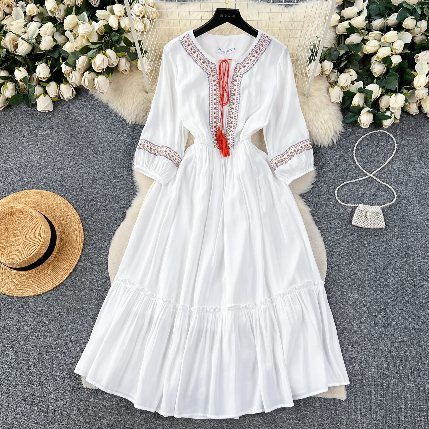 

Retro Elegant Embroidery Lace Up O Neck Chiffon Dress A-line Long Sleeve Casual High Waist Dress Women Summer