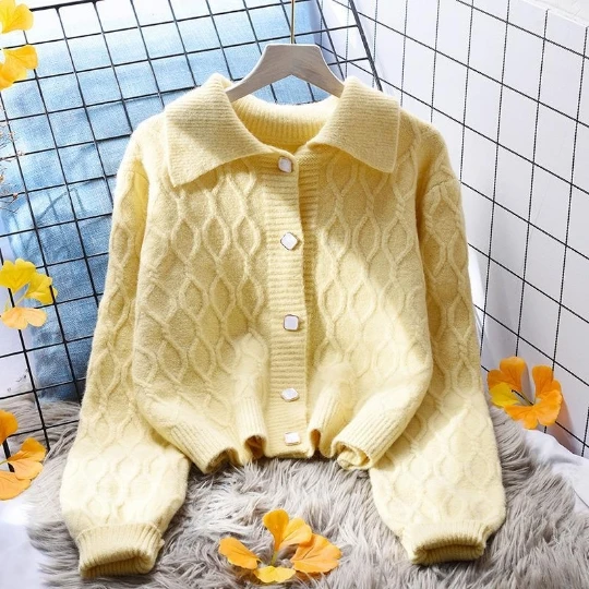 

Solid Yellow Knitting Lady Girl Woman Blouse Shirt Women Sweater Cardigan Knit Fall Tops Women's Sweaters Top Coat Cloth Suétere