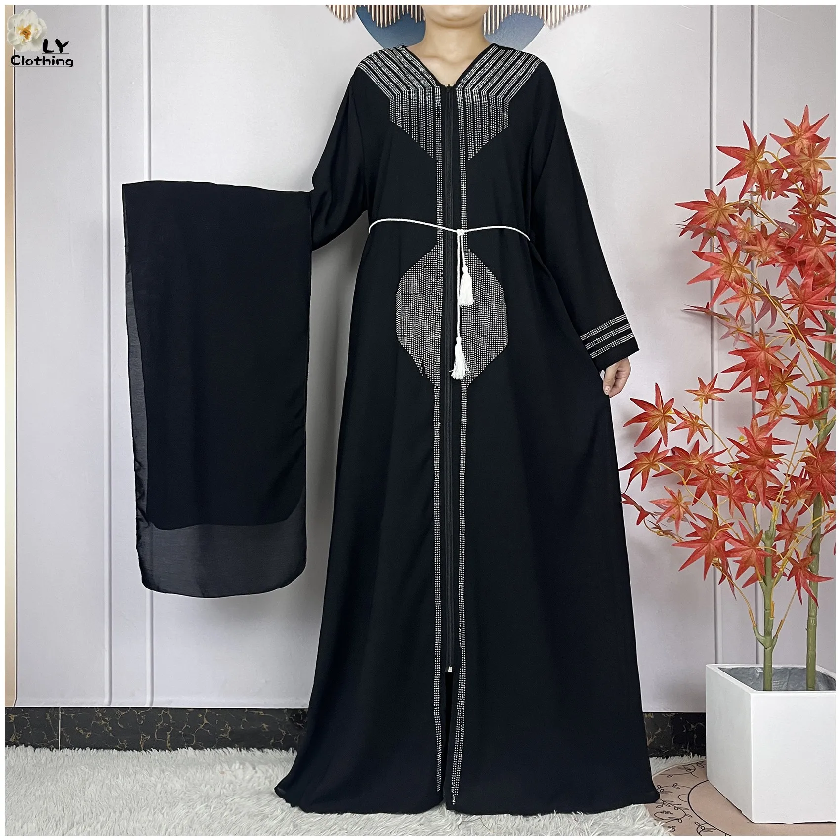 2024 Muslim Abaya For Women Long Sleeved Chiffon Diamonds Loose Fit Femme Robe Islam Maxi Dubai Fashion Party Dresses With Scarf 1